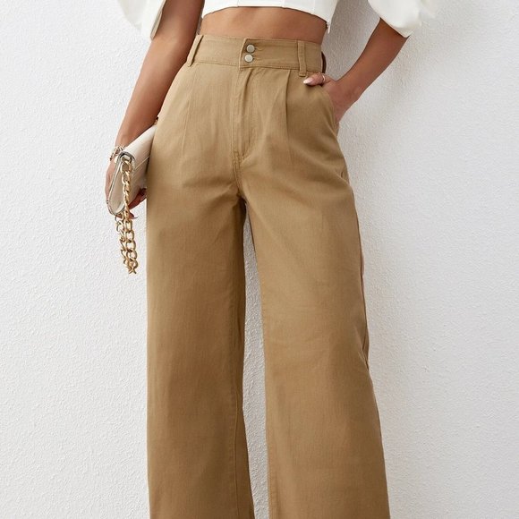 Brown Preppy Womens Solid High Waist Wide Leg Jeans - Picture 2 of 5